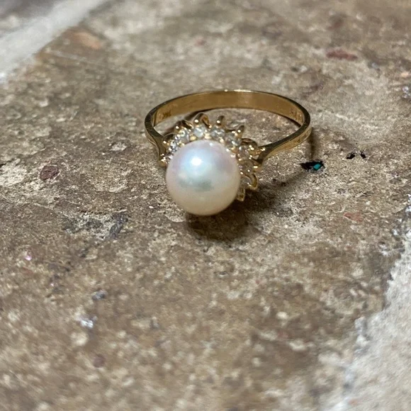 SOLID 14KT GOLD Ring Genuine Pearl with Natural Diamond Halo - Picture 5 of 11
